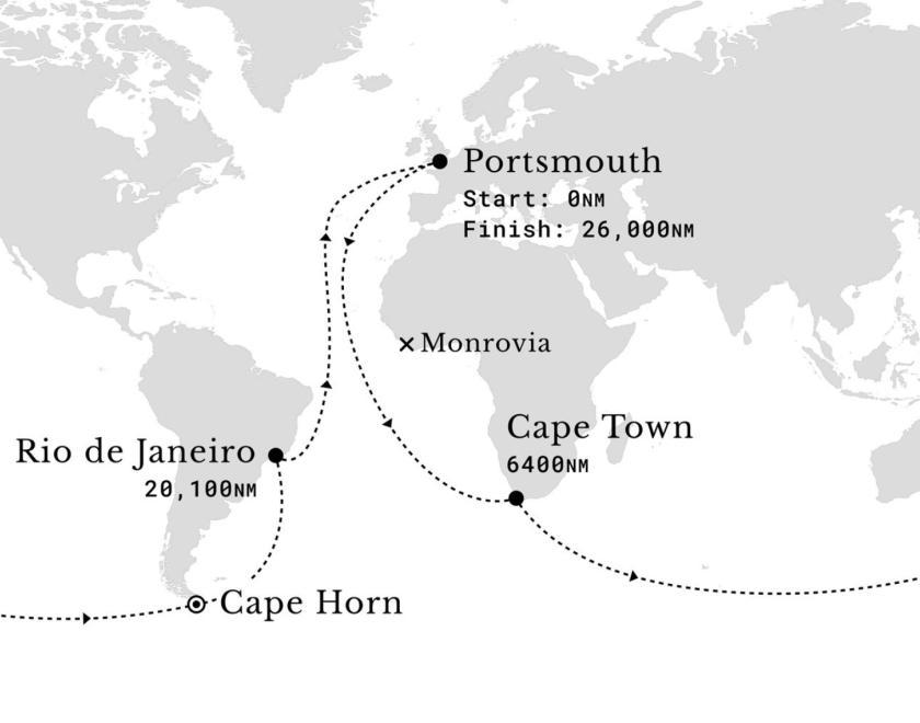 Map of the world with a line tracking Ian Worley's journey