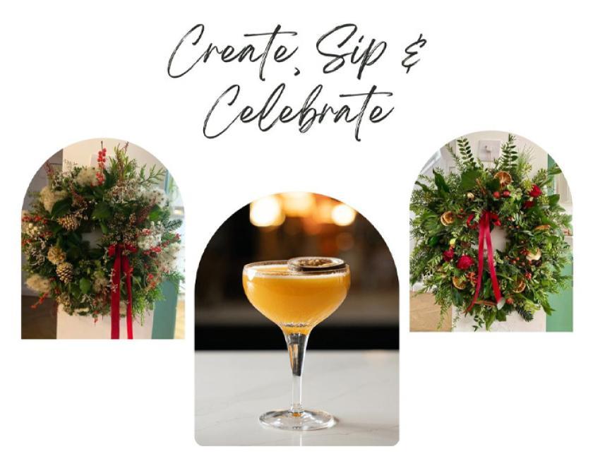 Images of festive wreaths and a cocktail