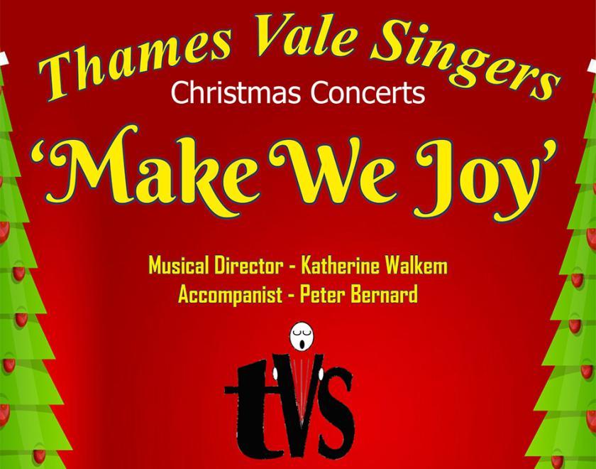 Poster for 'Make We Joy' Christmas Concert with green Christmas trees against a red background