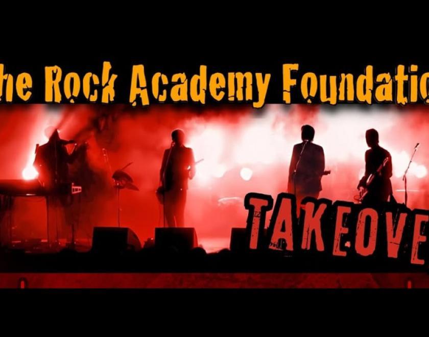 The Rock Academy Foundation logo over a silhouetted image of a young band on stage