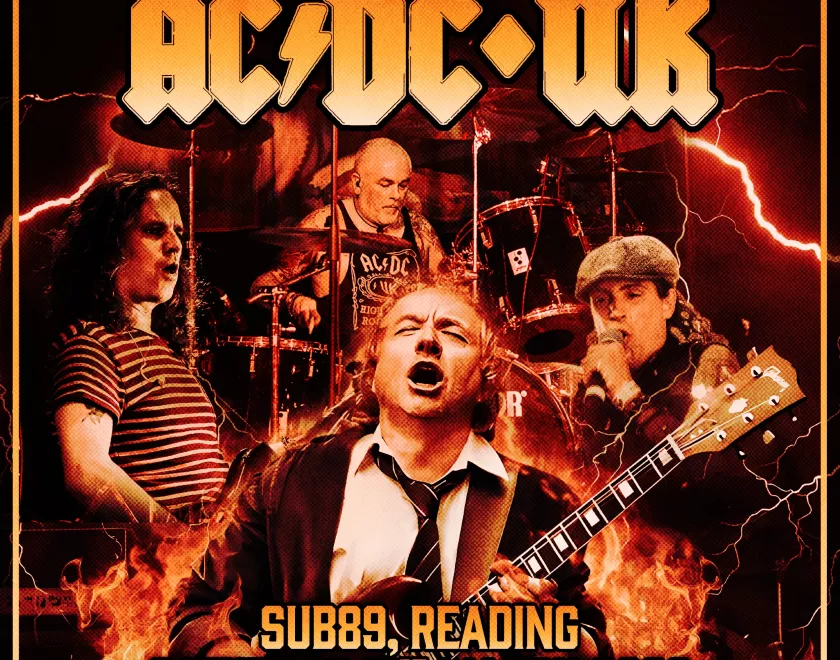 poster for AC/DC UK featuring band members against a red background