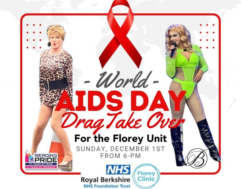 Two drag queens stood either side of a red AIDS awareness ribbon on a white background