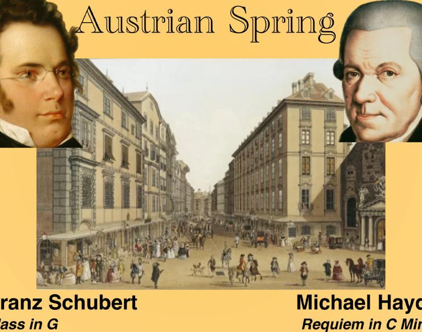Poster for Parenthesis Spring Concert: An Austrian Spring featuring painted heads of composers Franz Schubert and Michael Haydn