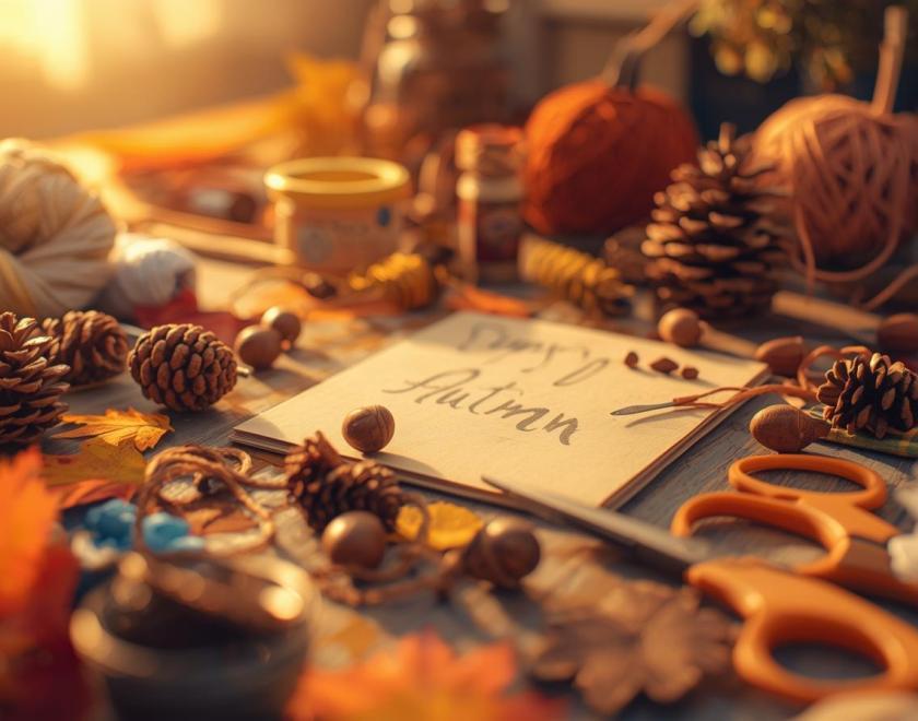Photograph of a collection of autumn foliage, berries and acorns on a table. 