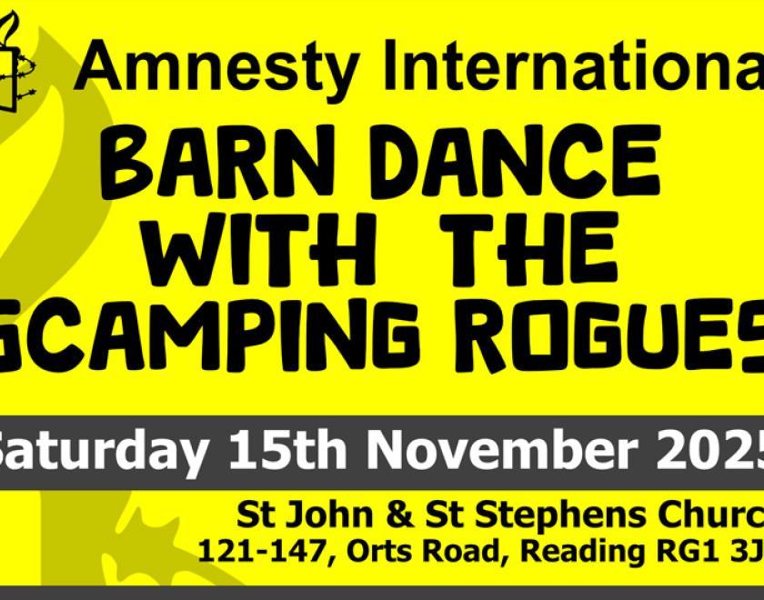 "Barn Dance with The Scamping Rogues" on a yellow background