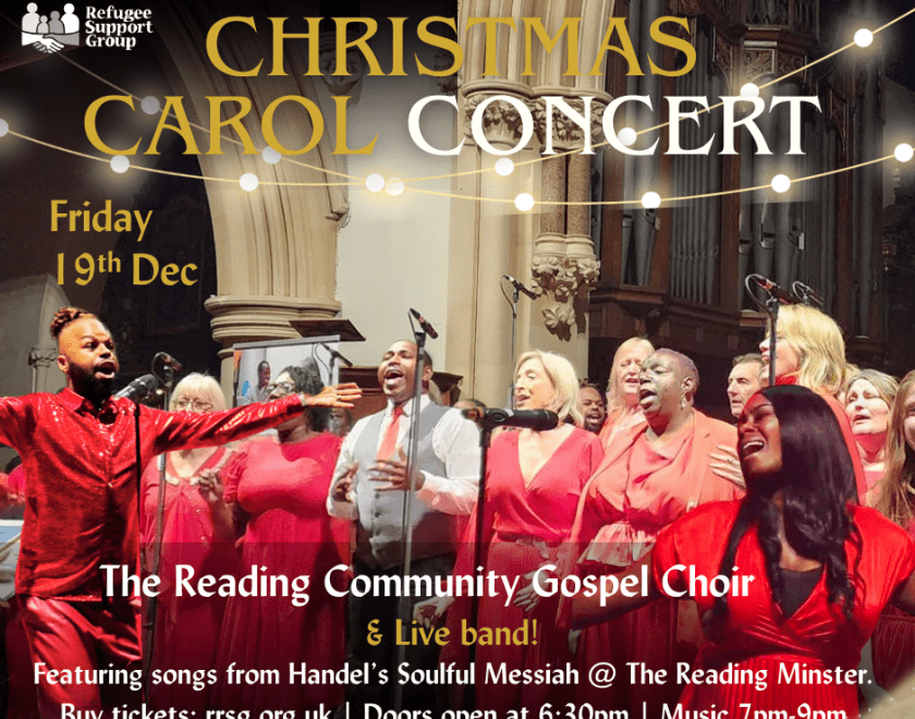 Poster featuring members of Reading Community Gospel Choir performing in a church