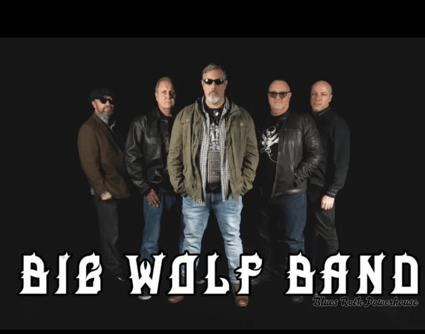 The five members of Big Wolf Band with the logo over the top