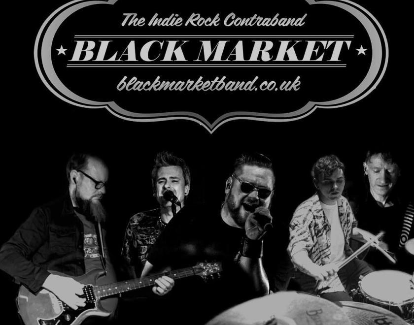 Black and white poster with images of the band members each playing their instruments