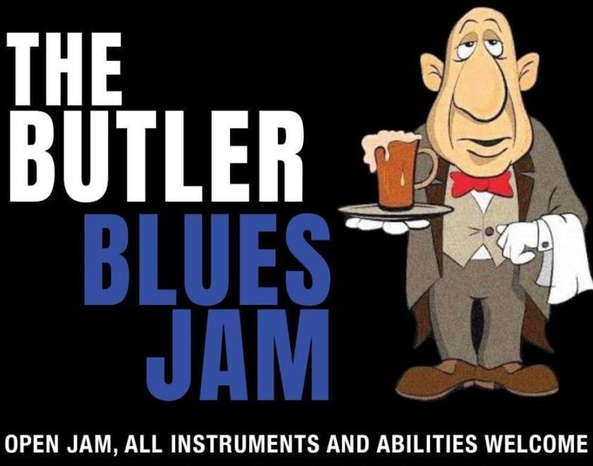 Cartoon image of a Butler next to the title The Butler Blues Jam