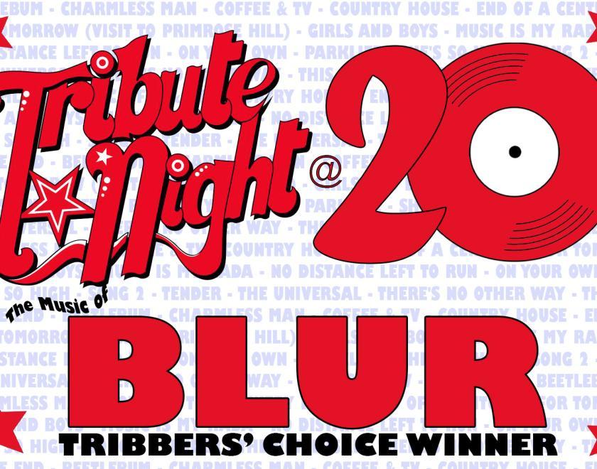 Tribute Night logo with "The music of Blur" underneath, and a long list of their songs in the background