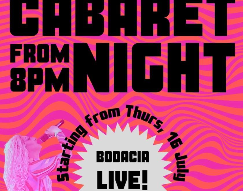 Poster for Cabaret Night with the title and an image of a drag queen against a psychedelic background