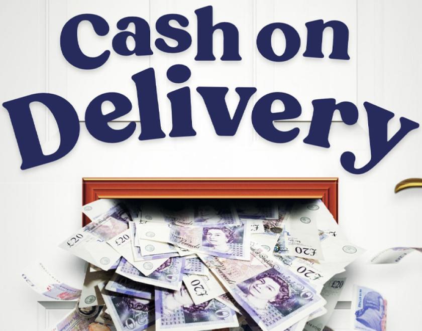 Poster with the title over an image of lots of £20 notes coming through a letterbox