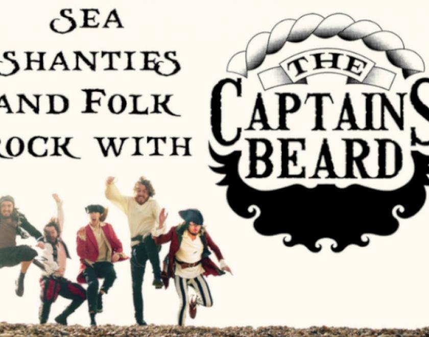The Captain's Beard band dressed as pirates next to a logo