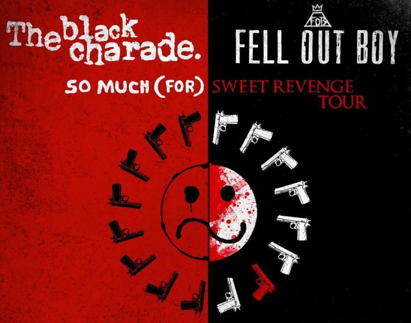 image split in half, red on one side, black on the other with the names of the two bands on either side