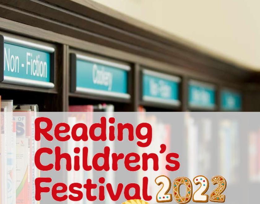 reading children's festival logo over an image of library bookshelves
