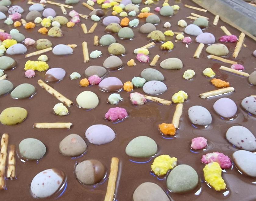 large slab of chocolate with mini-eggs in it