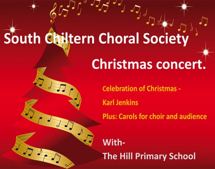 Poster for South Chiltern Choral Society 2025 Christmas Concert with an image of a red Christmas tree wrapped in musical notes