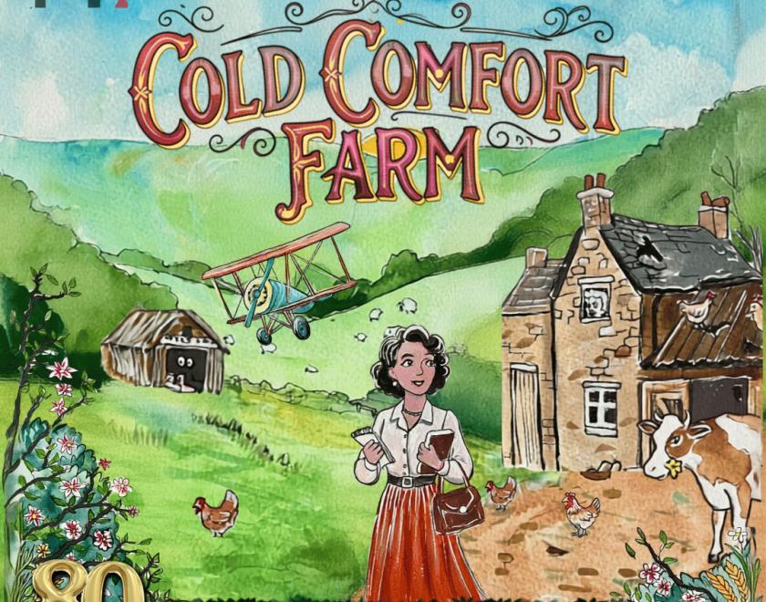 Painted poster artwork with a young woman in front of a farm and fields of green