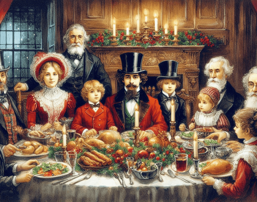 A Victorian family seated at the Christmas table