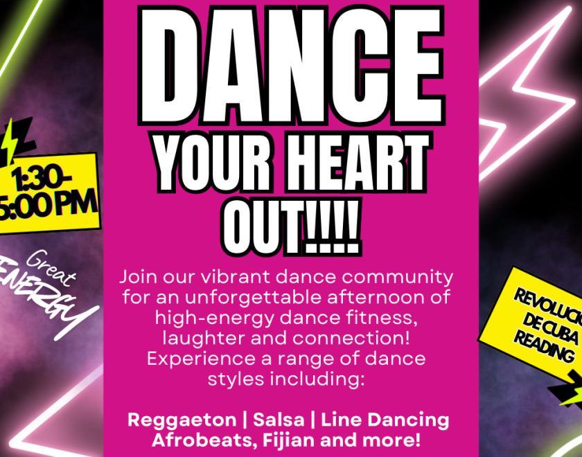 Poster for Dance Your Heart Out event with neon-style lightning bolts in the background and info about the event