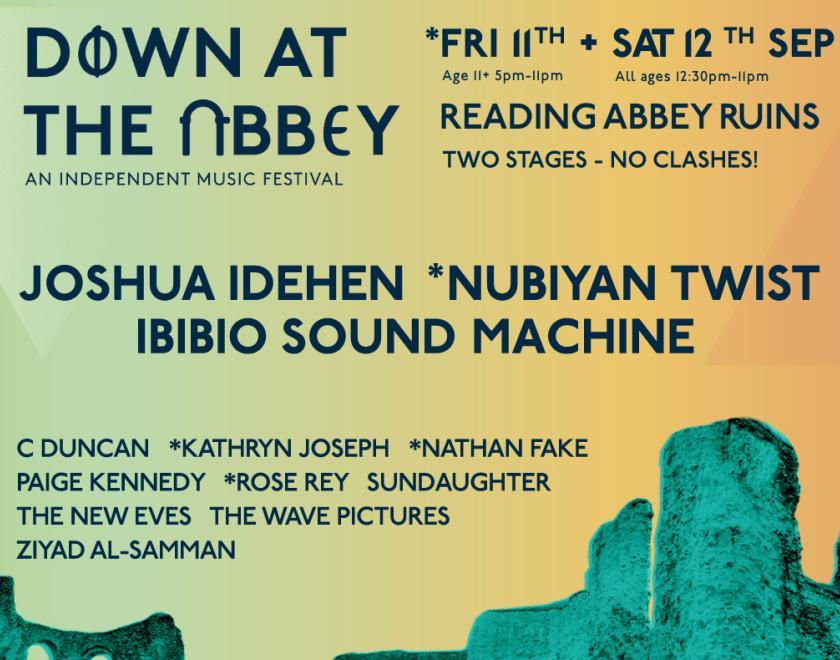 Down At The Abbey event poster with logo, list of artists and green monochrome image of Reading Abbey ruins