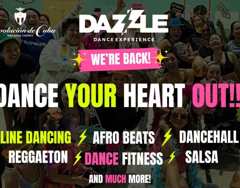 Poster for Dance Your Heart Out with Dazzle Dance Experience with a list of dance styles over an image of people dancing