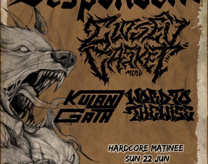 Poster featuring two wolves' heads against a khaki background, with a list of the bands' names