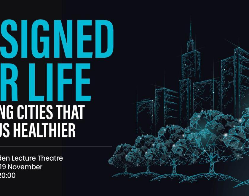 "Designed for life" in blue text next to wireframe images of buildings and trees