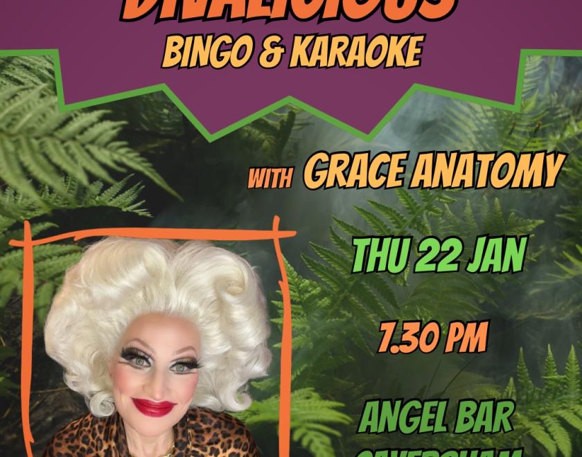 Poster for Divalicious Bingo & Karaoke with photo of drag queen Grace Anatomy
