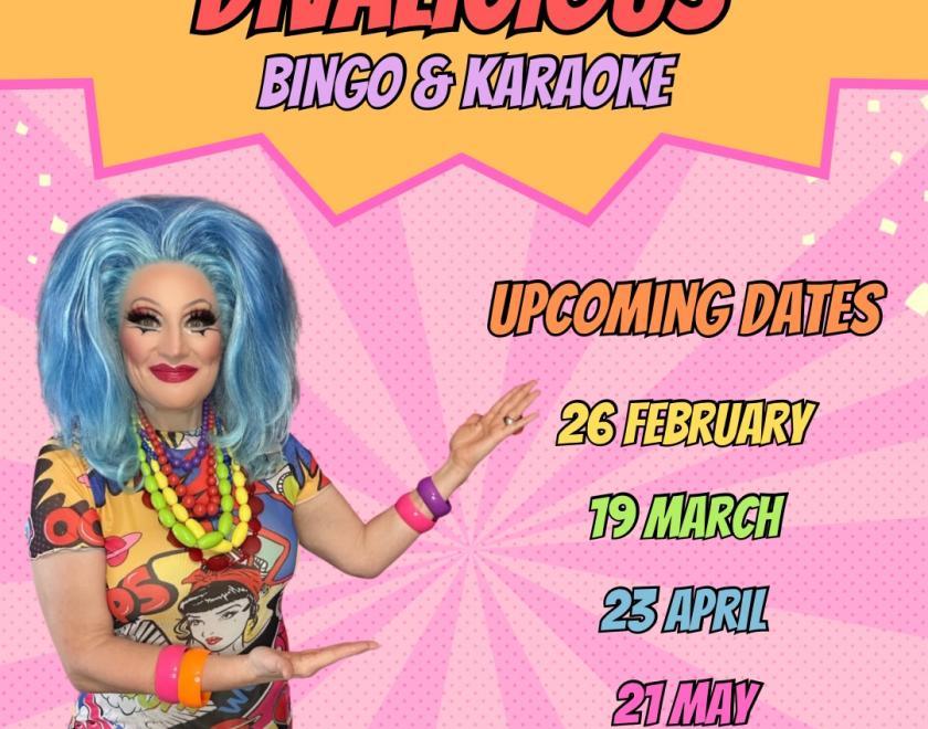 Poster for Divalicious Bingo & Karaoke with photo of drag queen Grace Anatomy