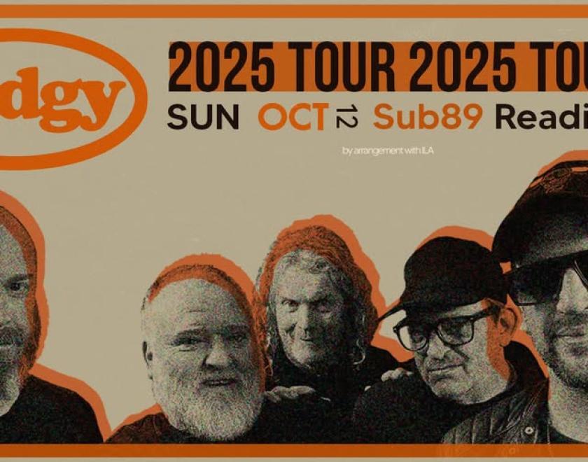 Five middle-aged men in monochrome under the Dodgy band logo