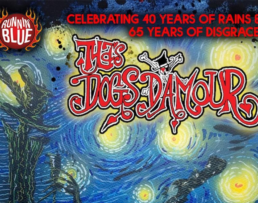 Tyla's Dogs D'Amour logo over an image designed to look like Van Gogh's Starry Night