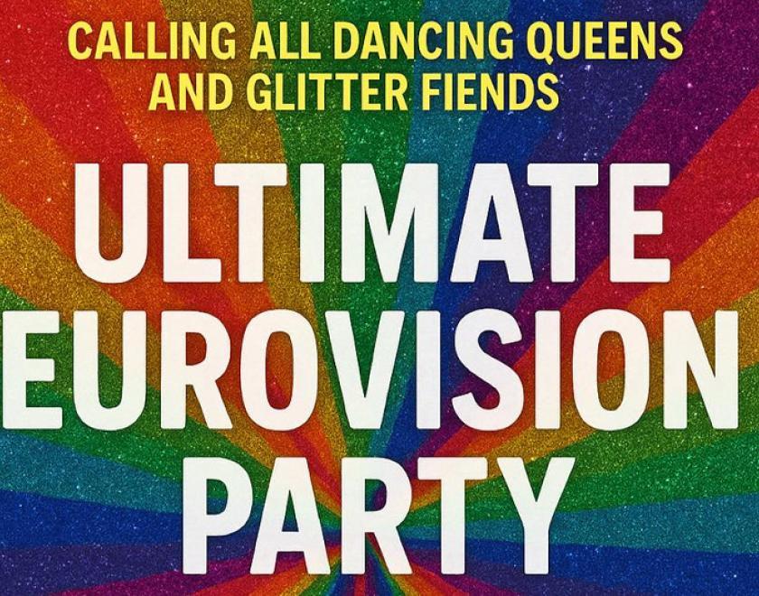 Ultimate Eurovision Party on a rainbow background