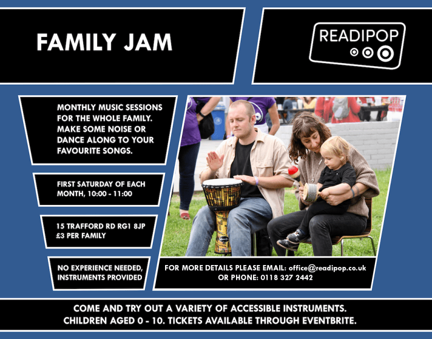 Image of family drumming together with information as seen below