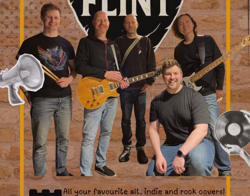 5 male bend members holding their instruments