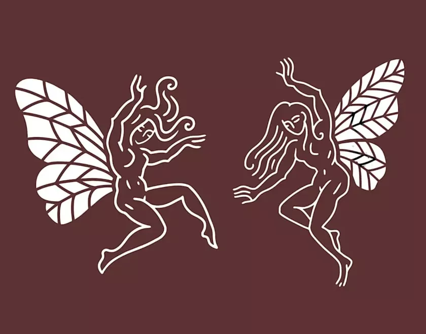 Artwork of fairies against a red-brown background