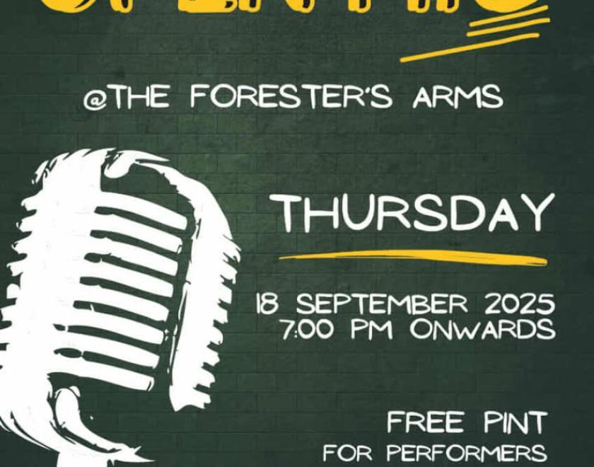 Poster for Forester's Arms Open Mic with a graphic of a microphone against a green background