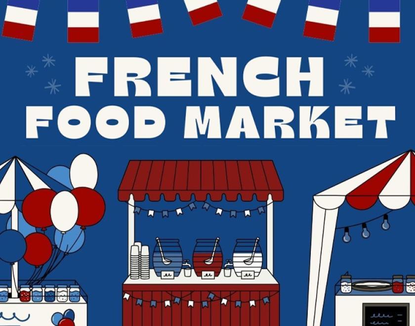 Poster for French Food Market with graphic images of food stalls in red, white and blue