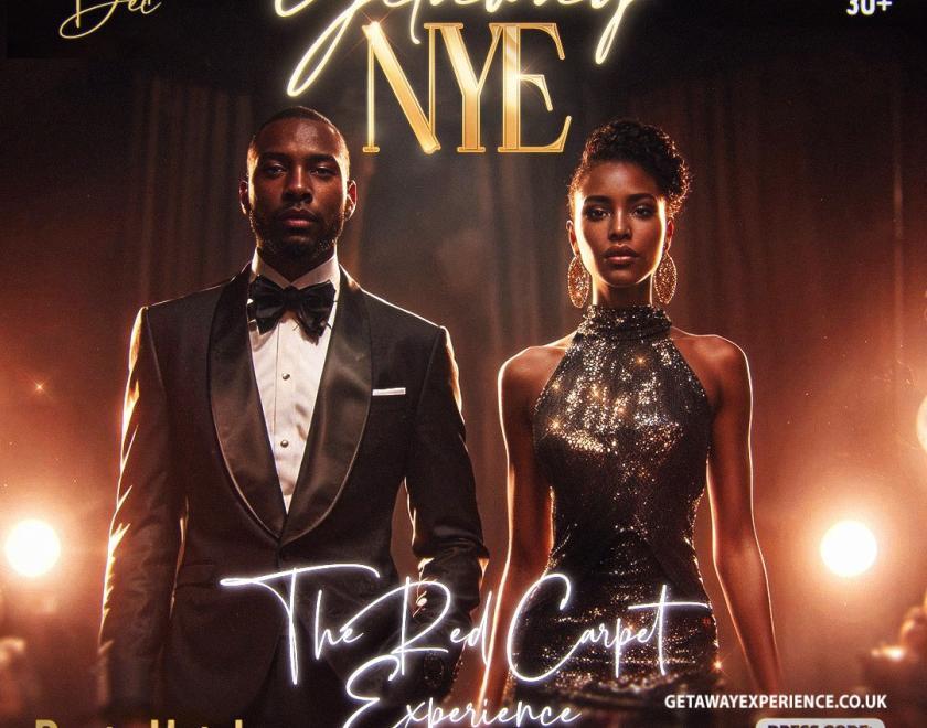 A black man and woman dressed very glamorously under the banner "Getaway NYE"