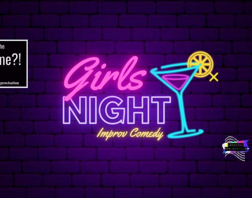 Event poster with the title "Girls Night" in the style of a neon sign with an equally-neon cocktail glass