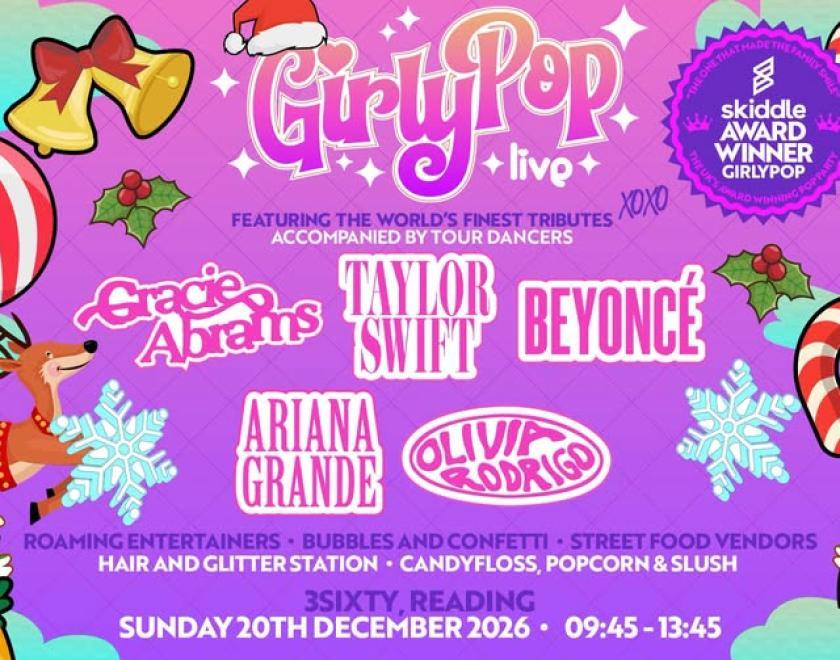 Event poster with logos for GirlyPop Live and the artists being tributed, surrounded by artwork of guitars, dice, butterflies and more in pastel pink and turquoise