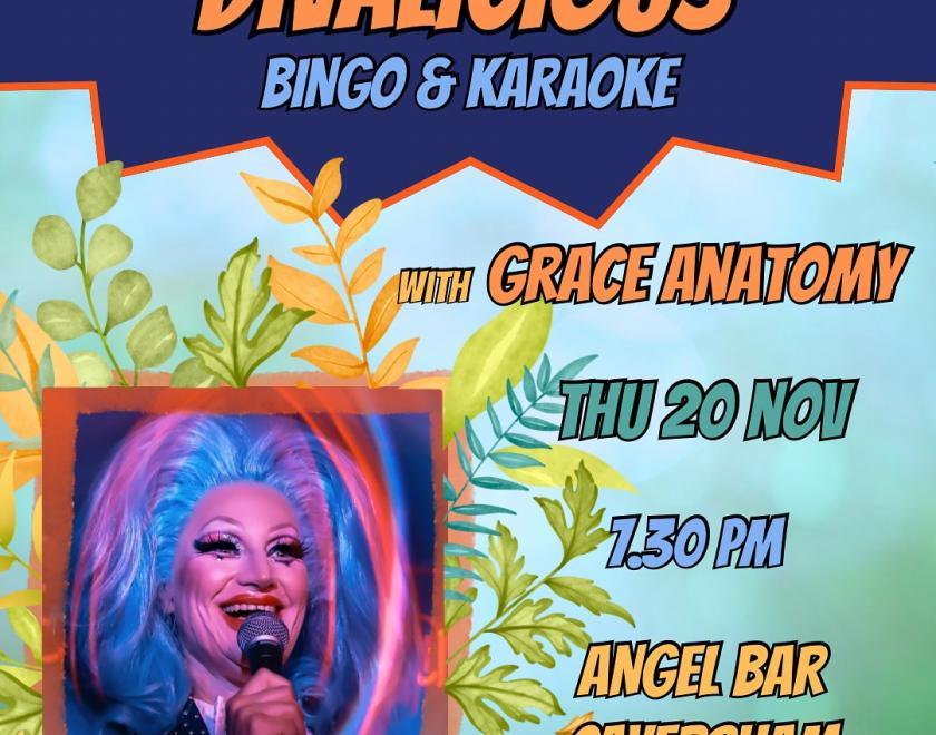 Poster for Divalicious Bingo & Karaoke with photo of drag queen Grace Anatomy