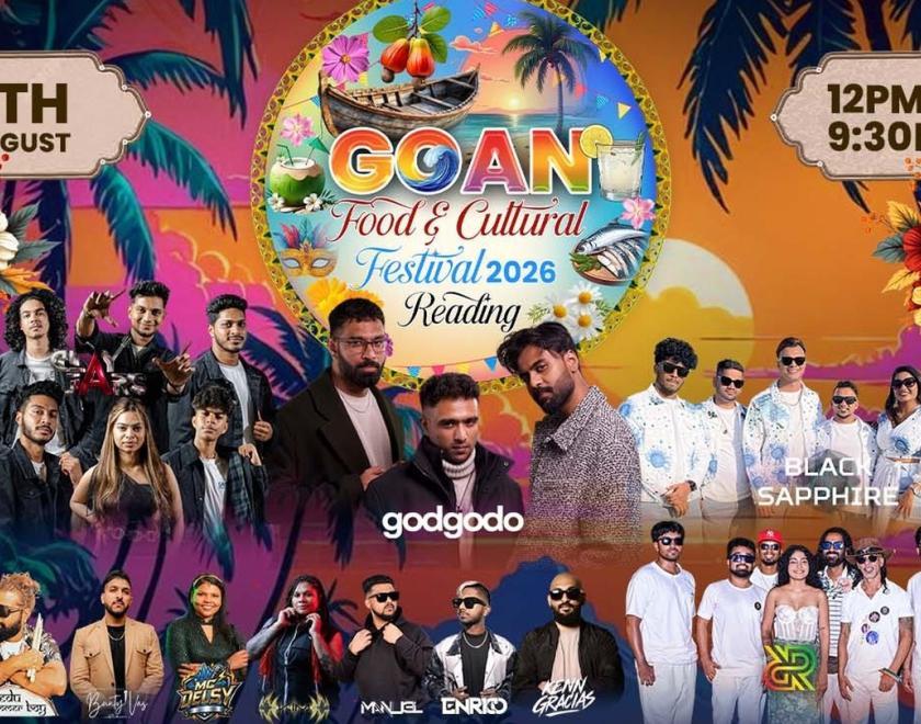 Poster for Goan Food & Cultural Festival 2026 with the event logo and photos of lots of the acts performing