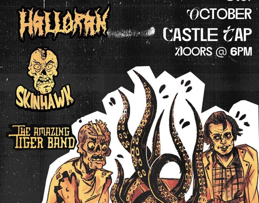 Poster for Halloween Spooktacular gig with logos of the bands performing and comic-book style drawings of Jack Torrance and a Zombie opening a chest with massive tentacles bursting out of it