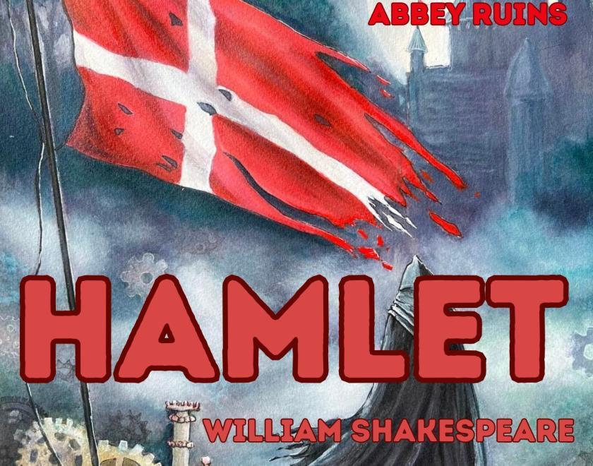 Painted poster for Hamlet with a cloaked figure under a torn Danish flag