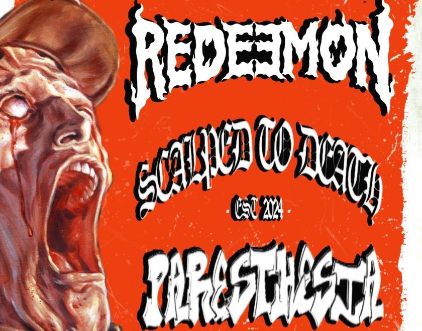 A graphic image of a face melting against an orange background, with list of band names