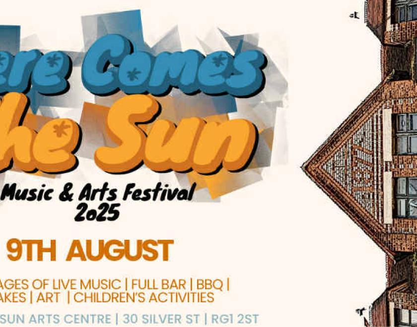 Here Comes The Sun 2025 logo next to an image of the Rising Sun Arts Centre at 90 degree rotation