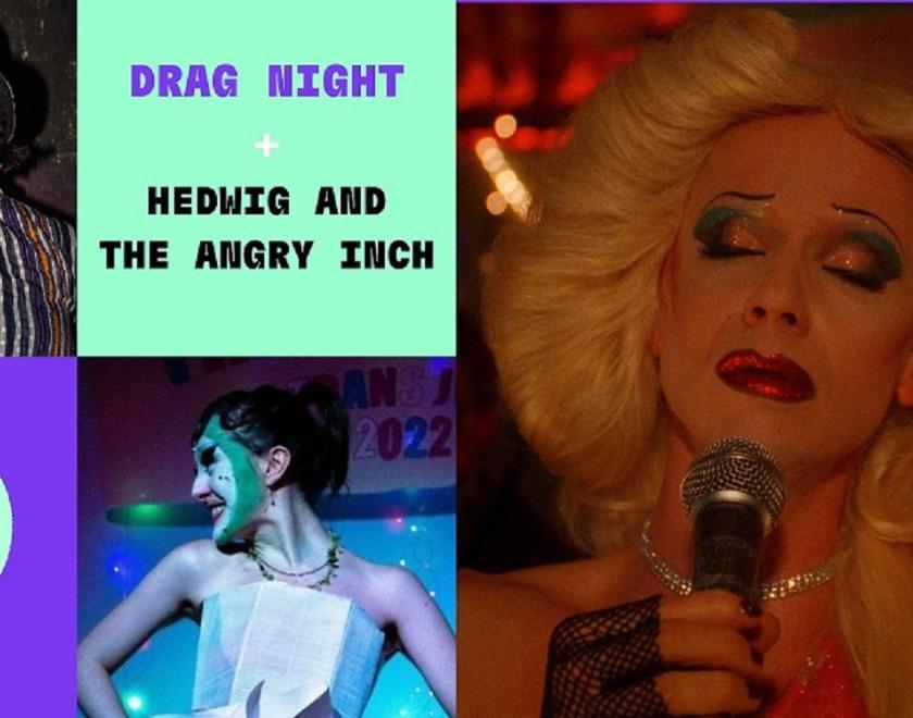 Drag Movie Night green and purple banner, with drag performers Big Jay and Duac, and a screenshot from Hedwig and the Angry Inch