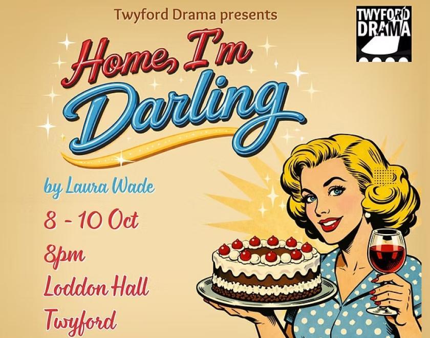 Home, I'm Darling logo with a 50s-style comic book drawing of a woman holding a cake and glass of wine