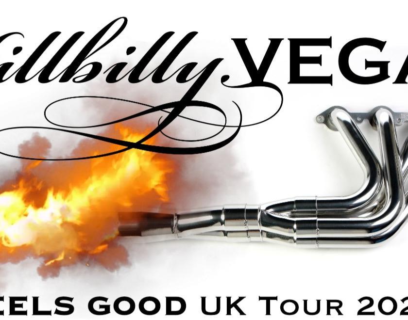 Hillbilly Vegas logo with an image of a car exhaust from a muscle car with flames coming out of it.